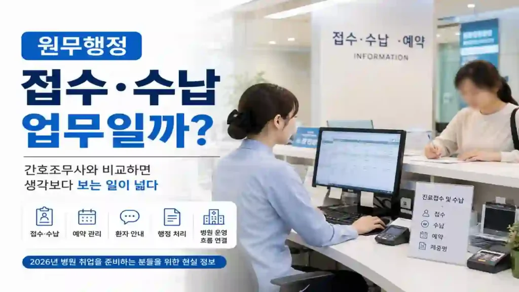 원무행정 접수·수납 업무와 간호조무사 비교 이미지, 병원 접수데스크 업무 분위기