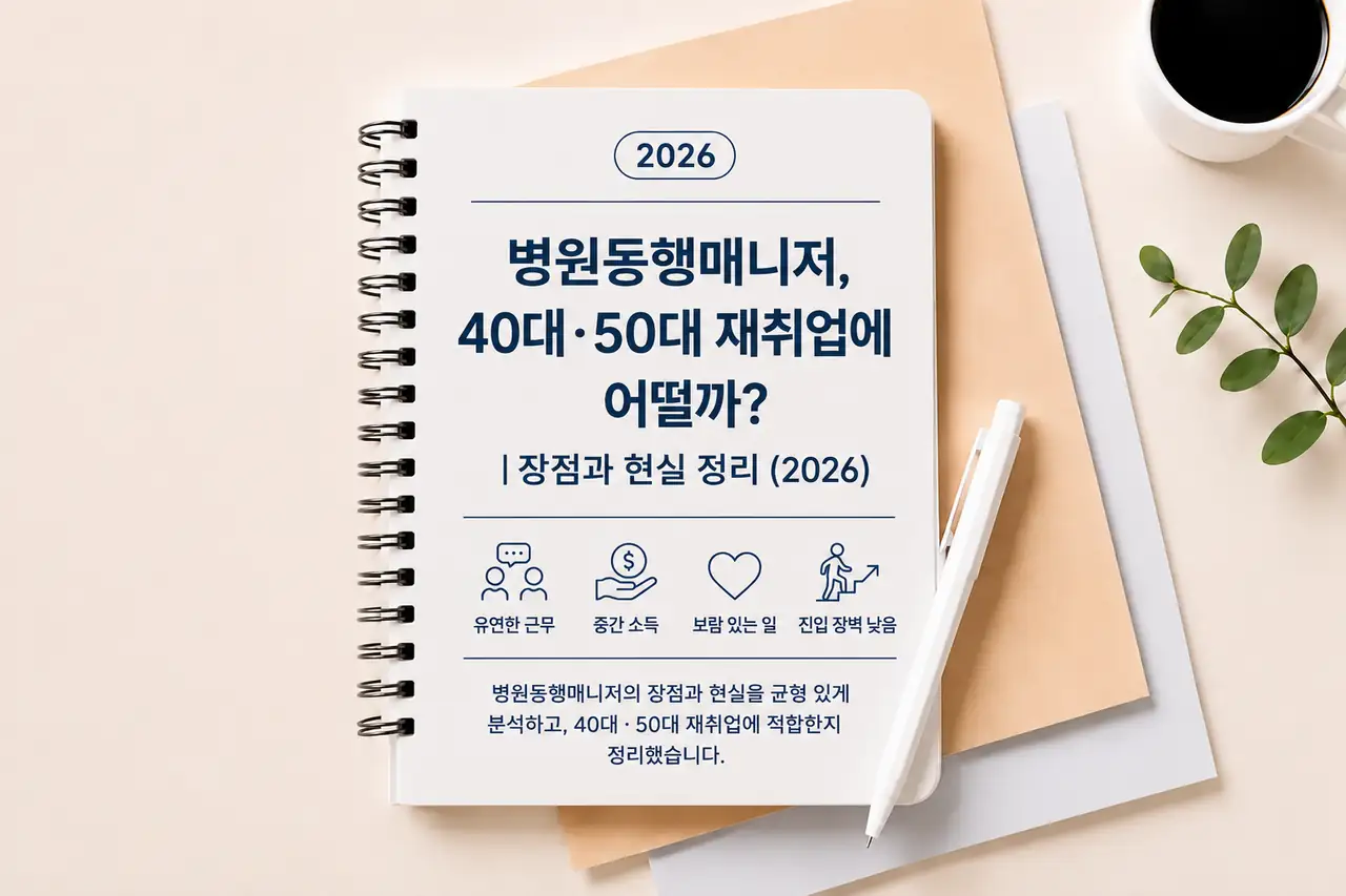 병원동행매니저, 40대·50대 재취업에 어떨까?|장점과 현실 정리 (2026) 1 병원동행매니저 재취업 장단점과 현실을 소개하는 대표 이미지