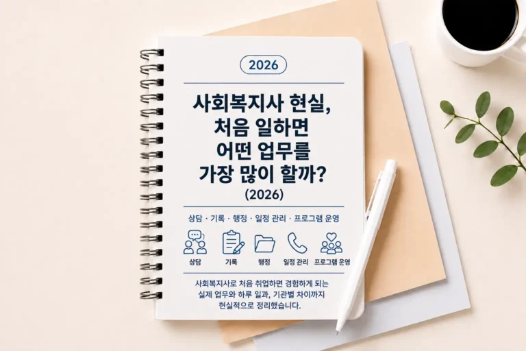 사회복지사 현실, 처음 일하면 어떤 업무를 가장 많이 할까? (2026) 8 사회복지사 현실과 처음 맡게 되는 주요 업무를 정리한 대표 이미지