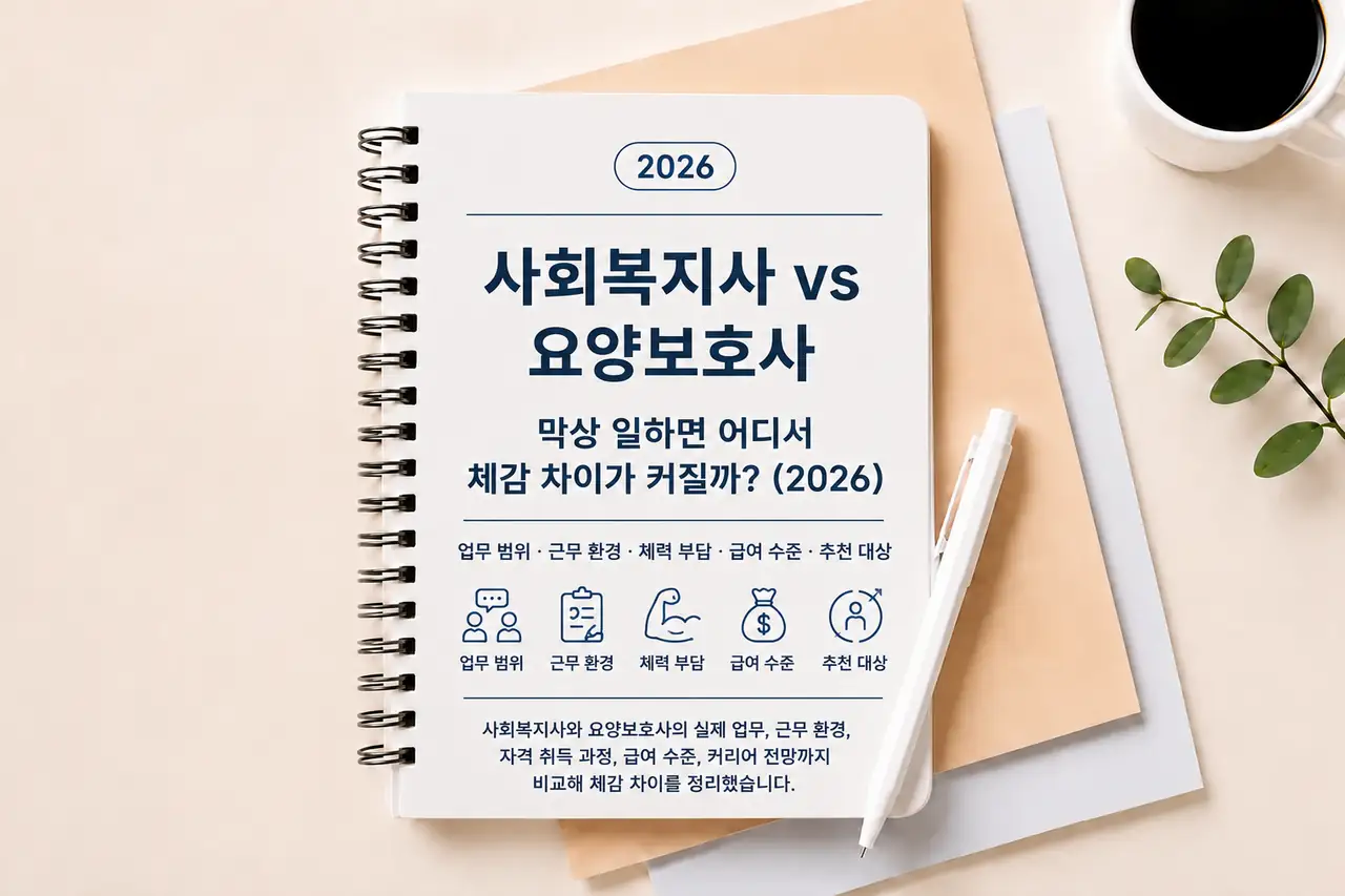 사회복지사 vs 요양보호사 | 막상 일하면 어디서 체감 차이가 커질까? (2026) 1 사회복지사 vs 요양보호사 업무 방식과 직무 차이를 비교한 대표 이미지