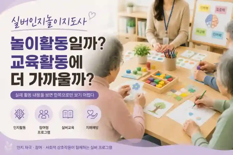 실버인지놀이지도사는 놀이활동일까, 교육활동에 더 가까울까? (2026) 9 실버인지놀이지도사 활동 장면, 어르신 대상 인지활동·참여형 프로그램·실버교육 분위기 이미지