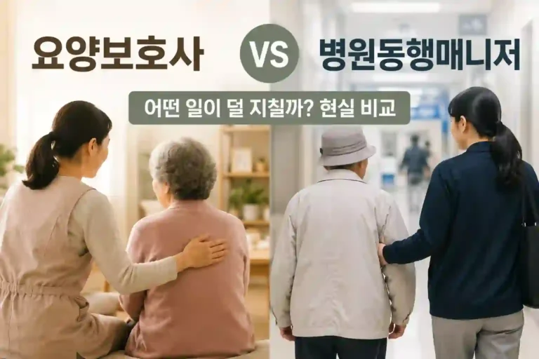 요양보호사와 병원동행매니저 업무 분위기 차이를 떠올리게 하는 비교 이미지