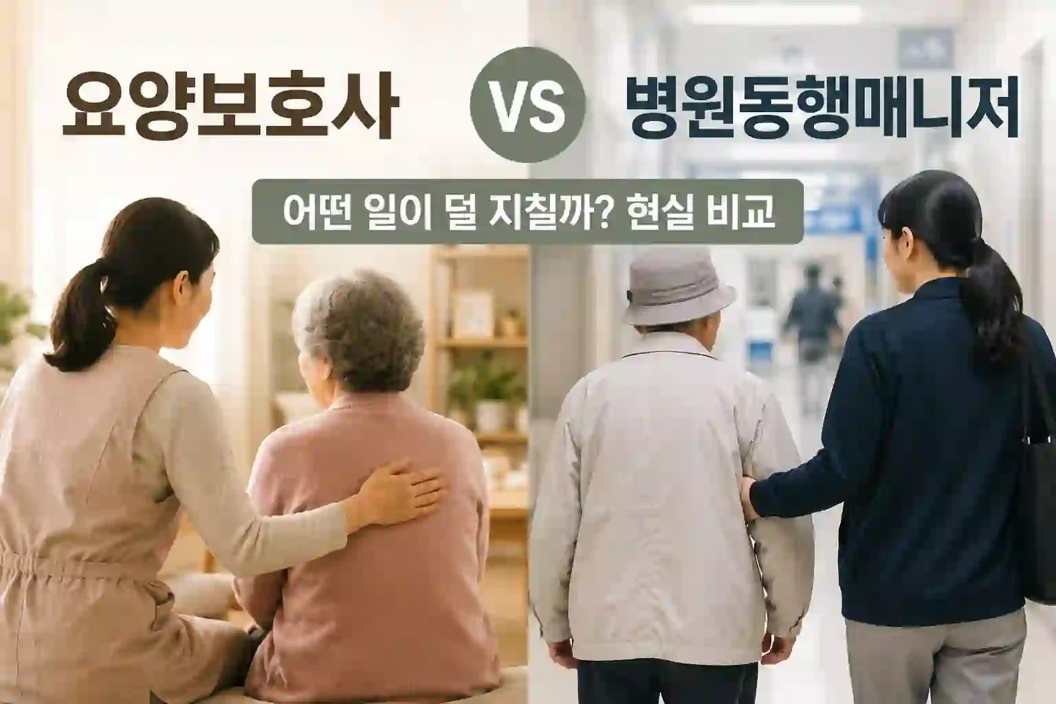 요양보호사와 병원동행매니저 어떤 일이 덜 지칠까? 현실 비교 (2026) 1 요양보호사와 병원동행매니저 업무 분위기 차이를 떠올리게 하는 비교 이미지