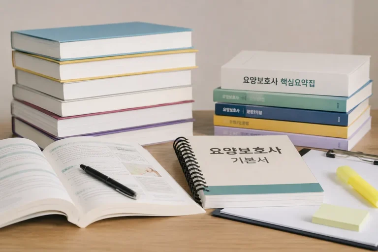 요양보호사 시험은 어려울까? 공부 오래 쉬었던 사람들 이야기 (2026) 2 요양보호사 시험 준비를 위한 교재와 공부 자료가 놓인 학습 공간 이미지