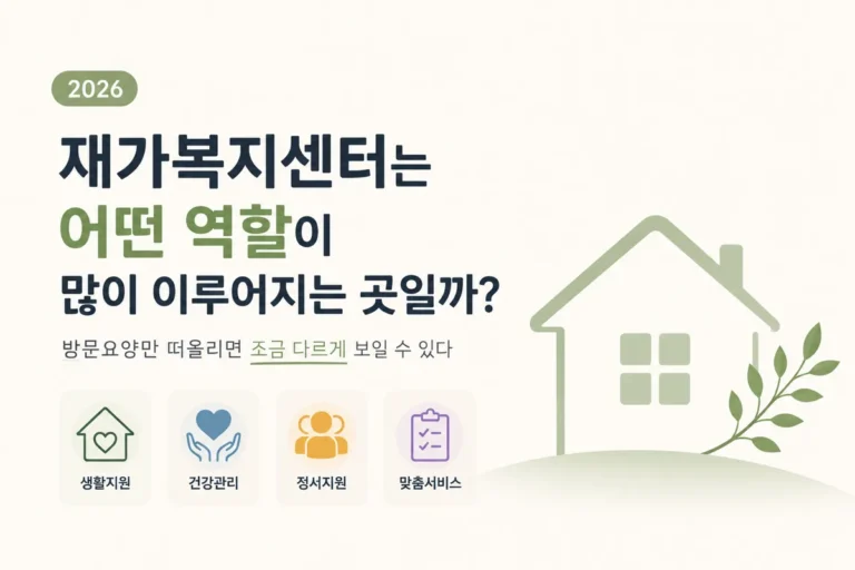 재가복지센터는 어떤 역할이 많이 이루어지는 곳일까? 방문요양만 떠올리면 조금 다르게 보일 수 있다 (2026) 6 재가복지센터의 방문요양과 재가장기요양 서비스 흐름을 표현한 이미지