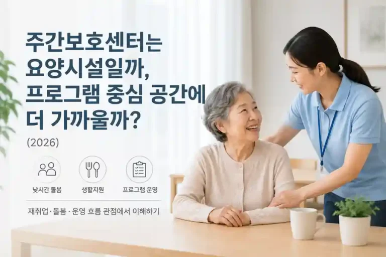 주간보호센터는 요양시설일까, 프로그램 중심 공간에 더 가까울까? (2026) 8 주간보호센터 분위기 이미지, 어르신 돌봄·생활지원·프로그램 운영이 이루어지는 공간 모습