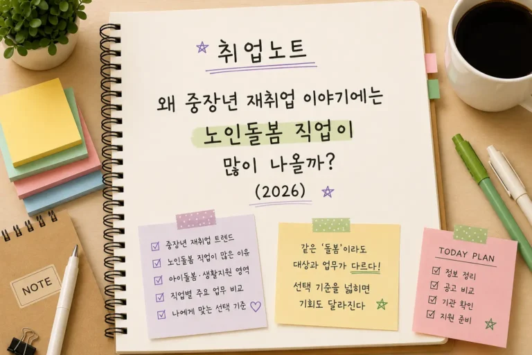 왜 중장년 재취업 이야기에는 노인돌봄 직업이 많이 나올까? (2026) 5 왜 중장년 재취업 이야기에는 노인돌봄 직업이 많이 나올까를 정리한 취업노트 대표이미지 (2026)