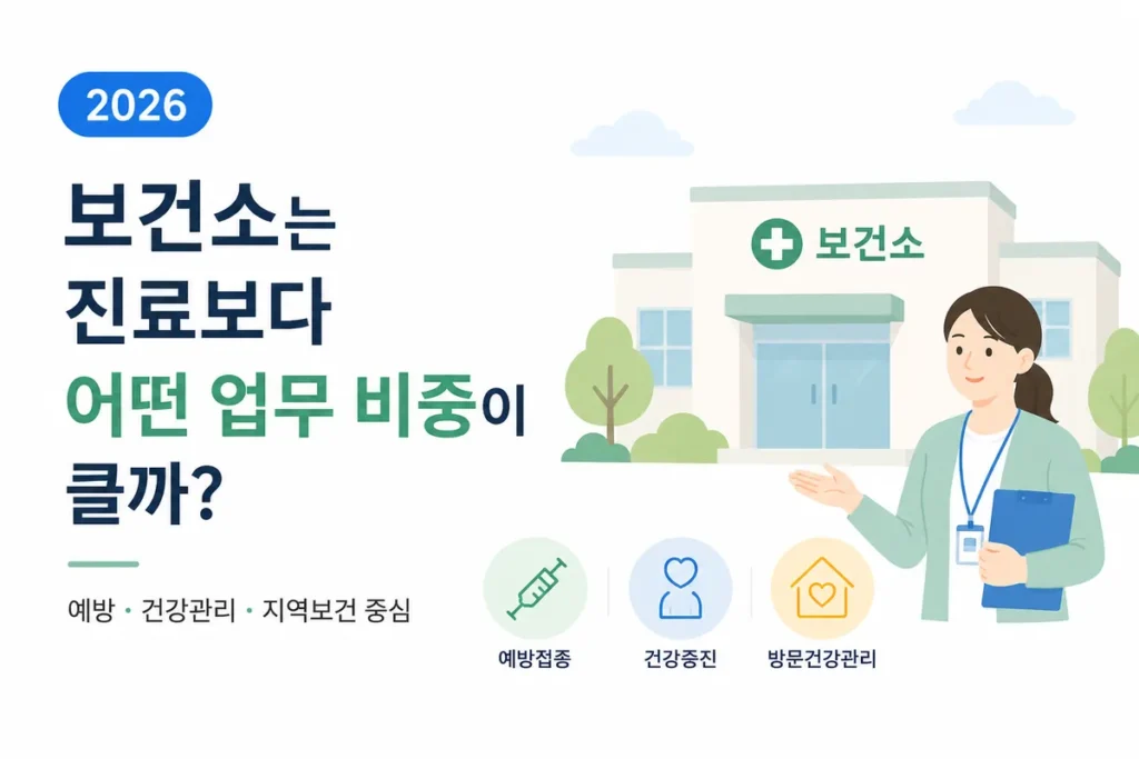 보건소는 진료보다 어떤 업무 비중이 클까? (2026) 1 보건소 취업과 지역주민 건강관리 업무를 설명하는 이미지