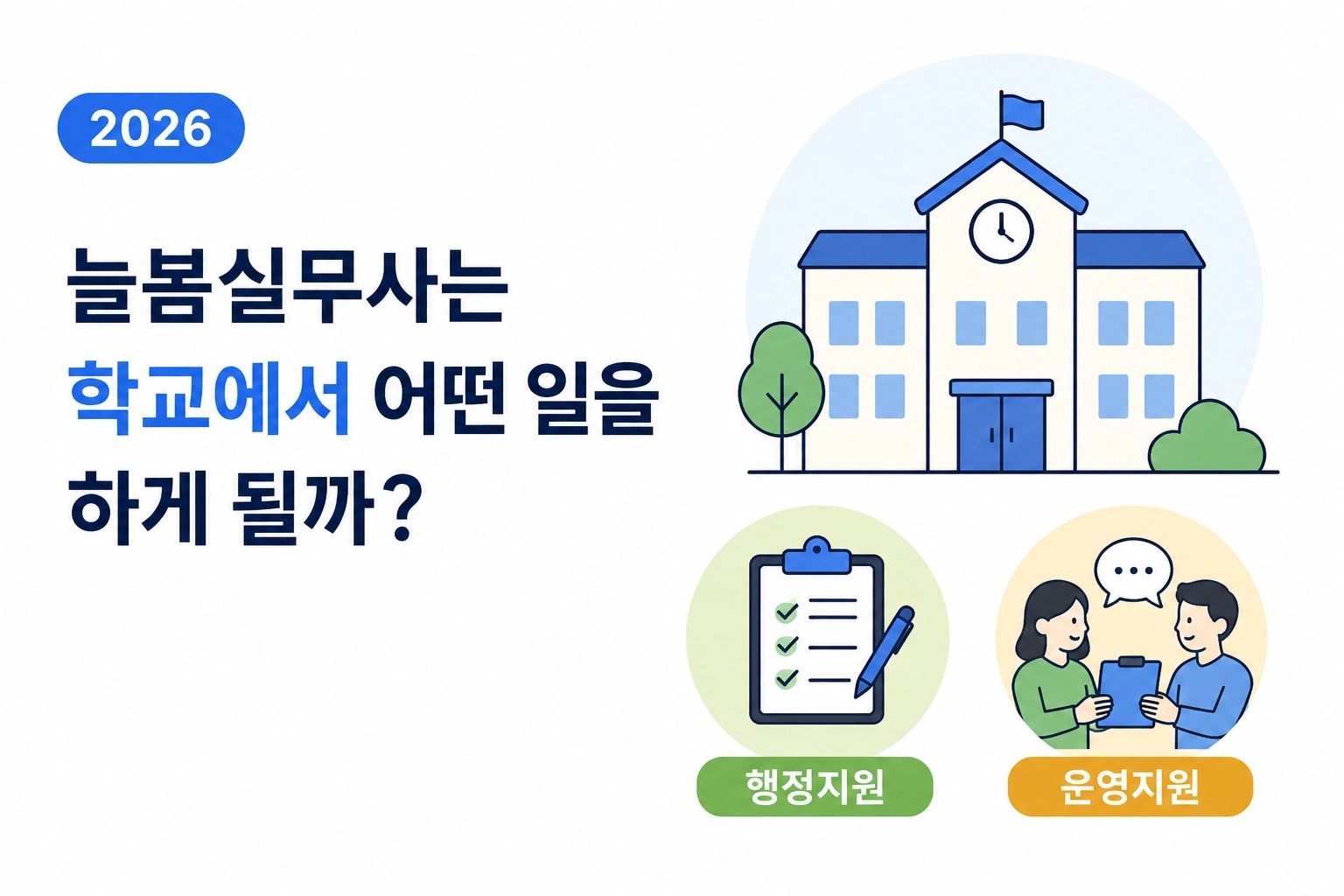 늘봄실무사는 학교에서 어떤 일을 하게 될까? 초등돌봄전담사와 다른 점을 살펴보면 (2026) 1 늘봄학교 운영을 지원하는 늘봄실무사 업무를 표현한 이미지