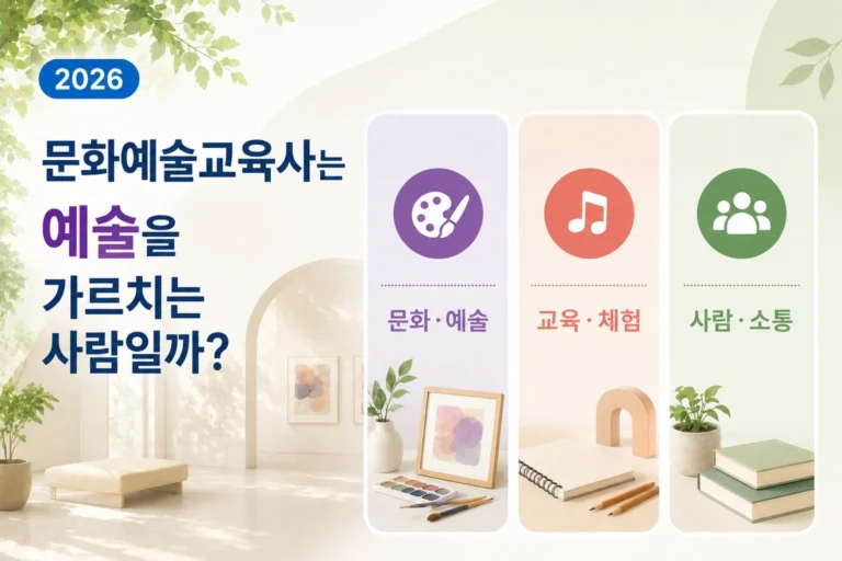 문화예술교육사는 예술을 가르치는 사람일까? (2026) 5 문화예술교육사가 문화·예술, 교육·체험, 사람·소통 활동을 표현한 이미지