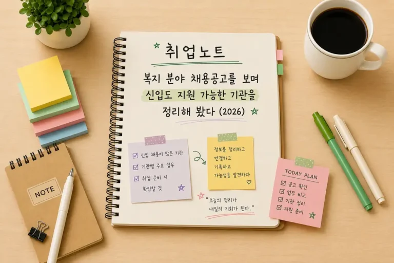 복지 분야 채용공고를 보며 신입 사회복지사가 지원 가능한 기관과 주요 업무를 정리한 취업노트 대표이미지