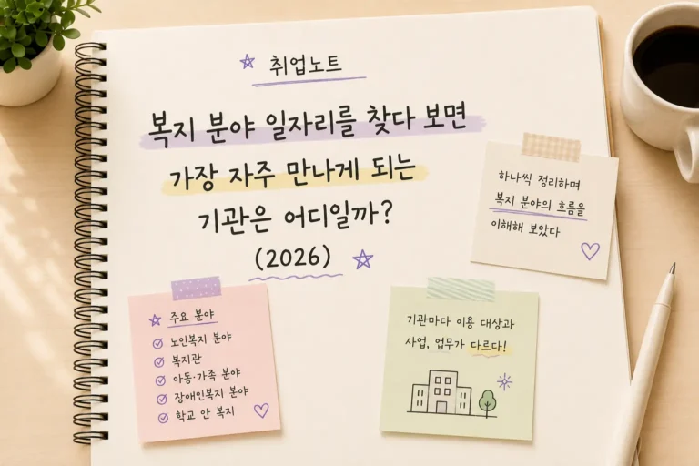 복지 분야 일자리를 찾다 보면 가장 자주 만나게 되는 기관을 정리한 취업노트 대표이미지 (2026)