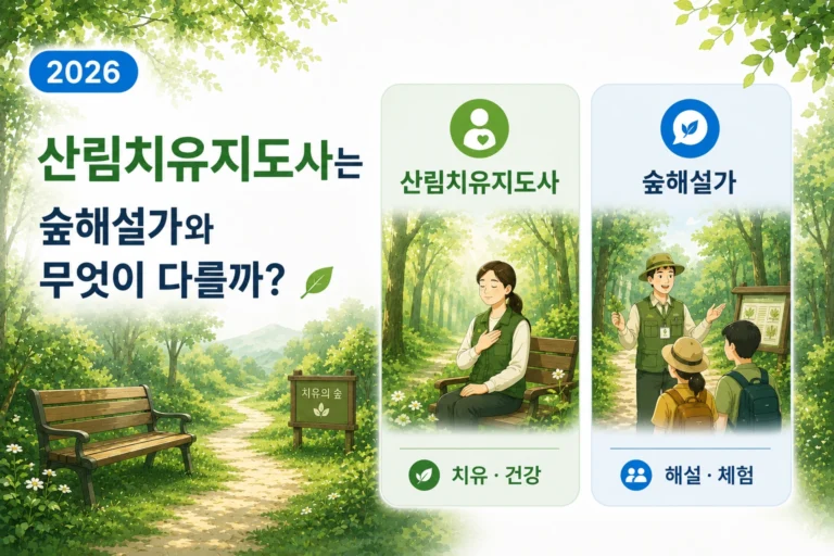 산림치유지도사는 숲해설가와 무엇이 다를까? (2026) 8 산림치유지도사와 숲해설가의 활동 차이를 보여주는 이미지
