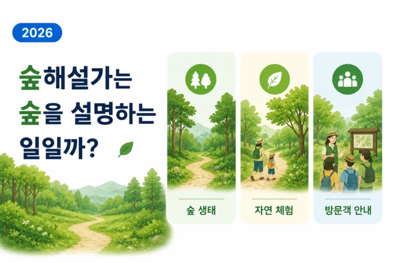 숲해설가가 숲 생태와 자연 체험, 방문객 안내 활동을 하는 모습을 표현한 이미지