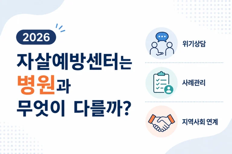 자살예방센터는 병원과 무엇이 다를까? (2026) 9 자살예방센터와 병원의 차이와 주요 업무를 정리한 안내 이미지