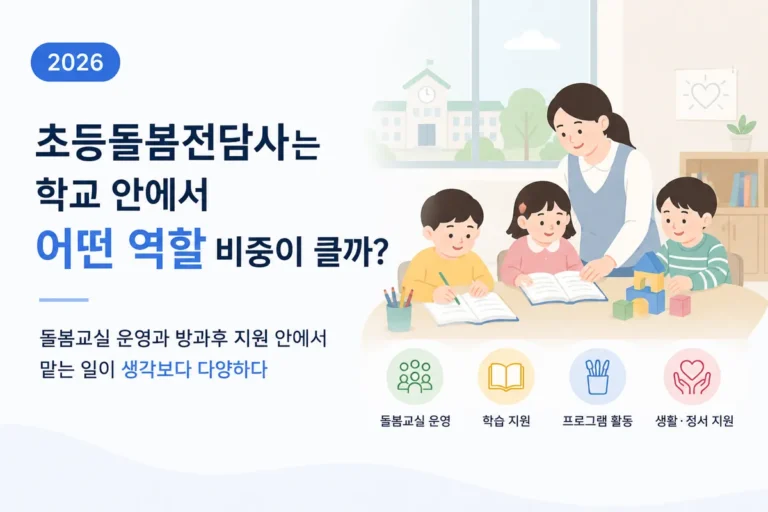 초등돌봄전담사는 학교 안에서 어떤 역할 비중이 클까? 교실 지원보다 돌봄 운영 안에서 맡는 일이 많다 (2026) 2 초등돌봄전담사가 학교 돌봄교실에서 아이들과 활동을 운영하는 모습