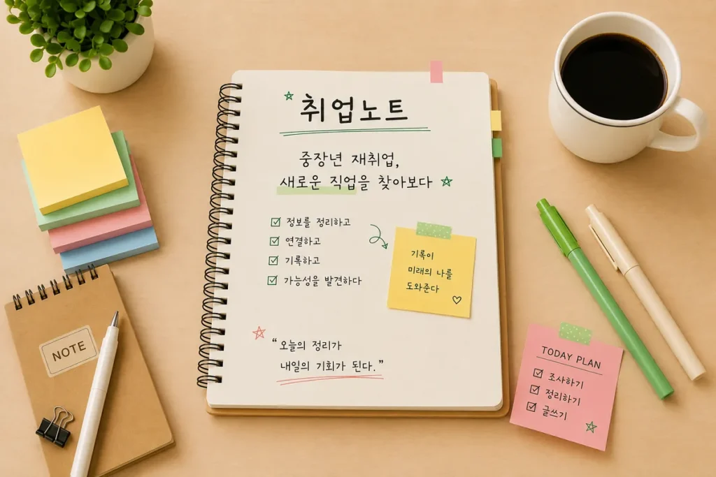중장년 재취업을 준비하며 복지 분야 외 다양한 직업을 찾아보고 정리한 취업노트 대표이미지