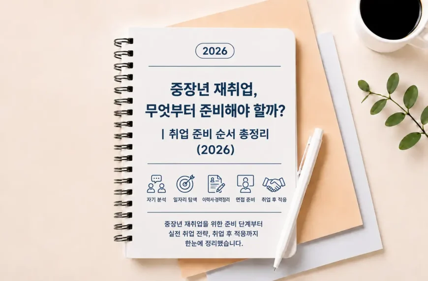 중장년 재취업 준비 과정을 노트와 체크리스트 형태로 표현한 이미지