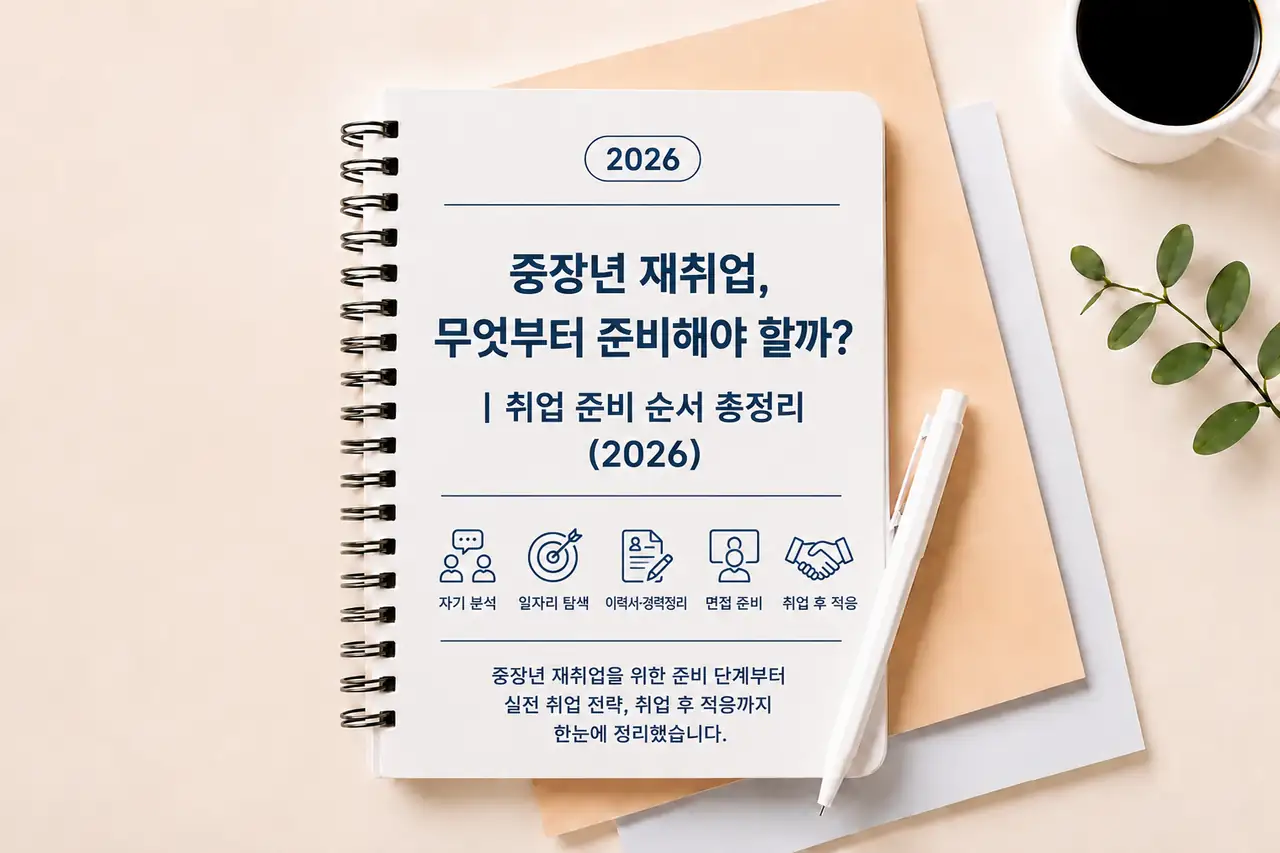중장년 재취업 준비 과정을 노트와 체크리스트 형태로 표현한 이미지