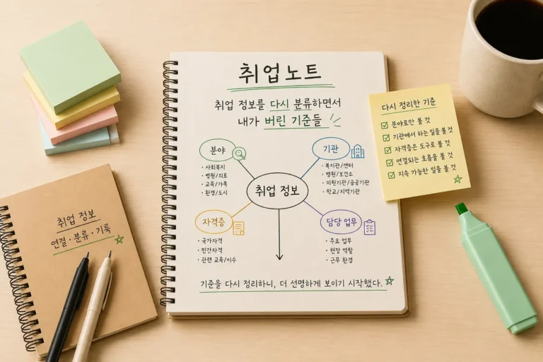 취업 정보를 다시 분류하면서 내가 버린 기준들 3 취업 정보를 다시 분류하며 분야와 기관, 담당 업무를 정리한 취업노트 메모 이미지