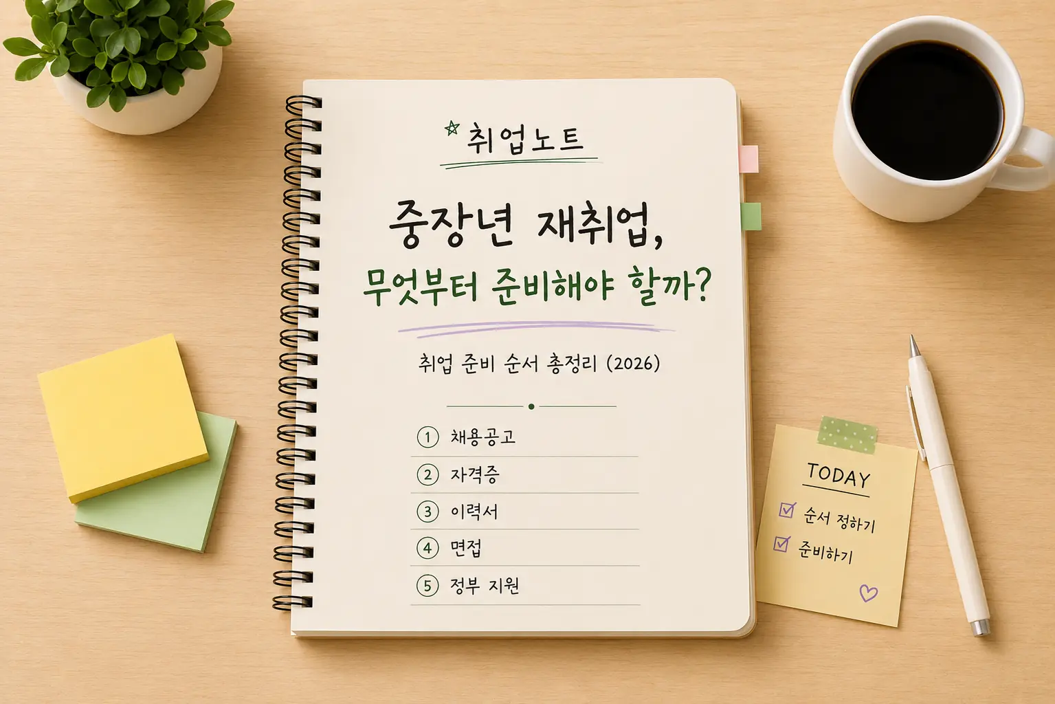 중장년 재취업 준비 과정을 노트와 체크리스트 형태로 표현한 일러스트 이미지