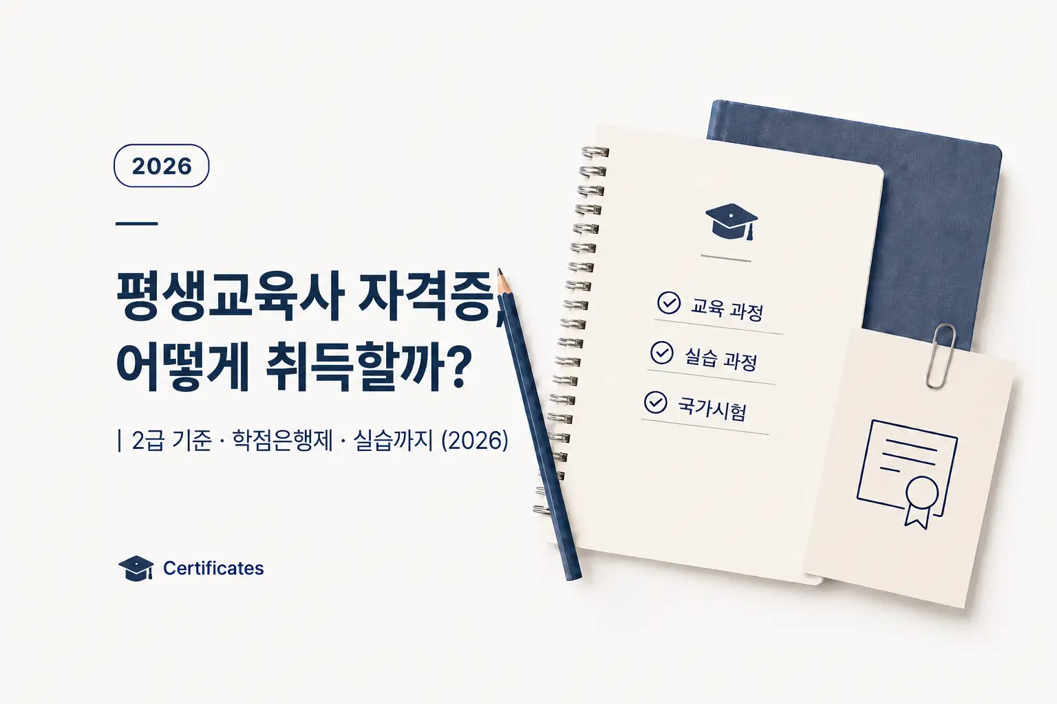 평생교육사 자격증, 어떻게 취득할까?|2급 기준·학점은행제·실습까지 (2026) 1 평생교육사 2급 취득 방법과 학점은행제, 실습, 자격 발급 절차를 안내하는 대표이미지 (2026)